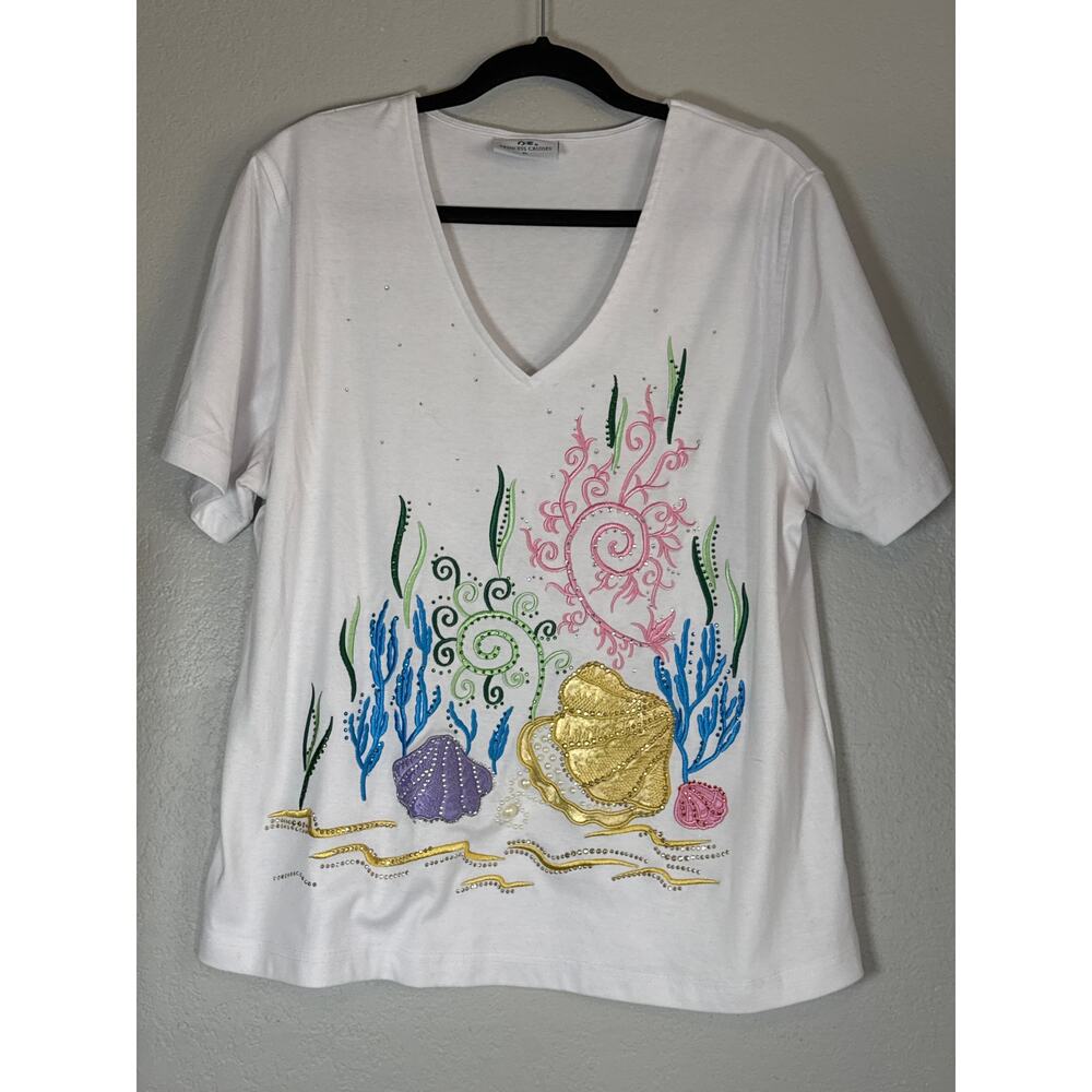 90s Colorful Seashell Embellished Top XL Ocean Sea Puffy Paint Handmade Look - Picture 10 of 10